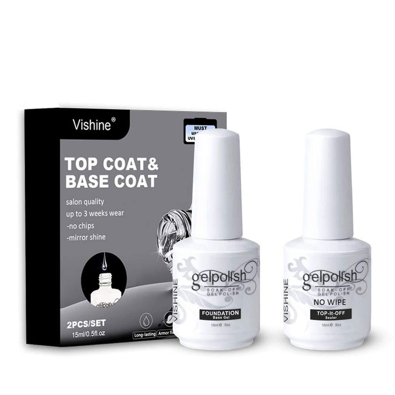 Vishine Soak Off Base Coat + No Wipe Top Coat Set Quick Dry Long Lasting Shine High Gloss Mirror Effect Nail Art 15ML Each Bottle - BeesActive Australia