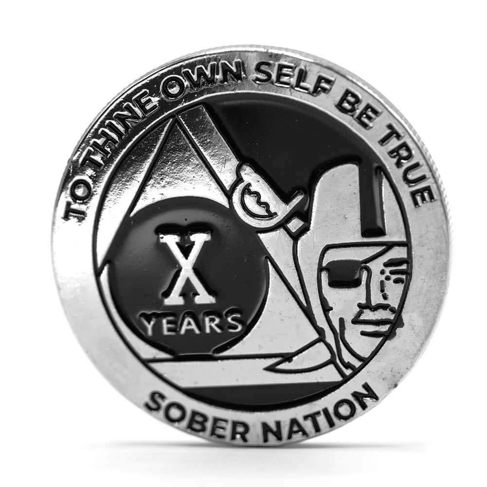 [AUSTRALIA] - MyRecoveryStore Silver and Black Pirate Alcoholics Anonymous AA Chip w/Coin Capsule AA Yearly Medallion 1-50 Years Year 10 