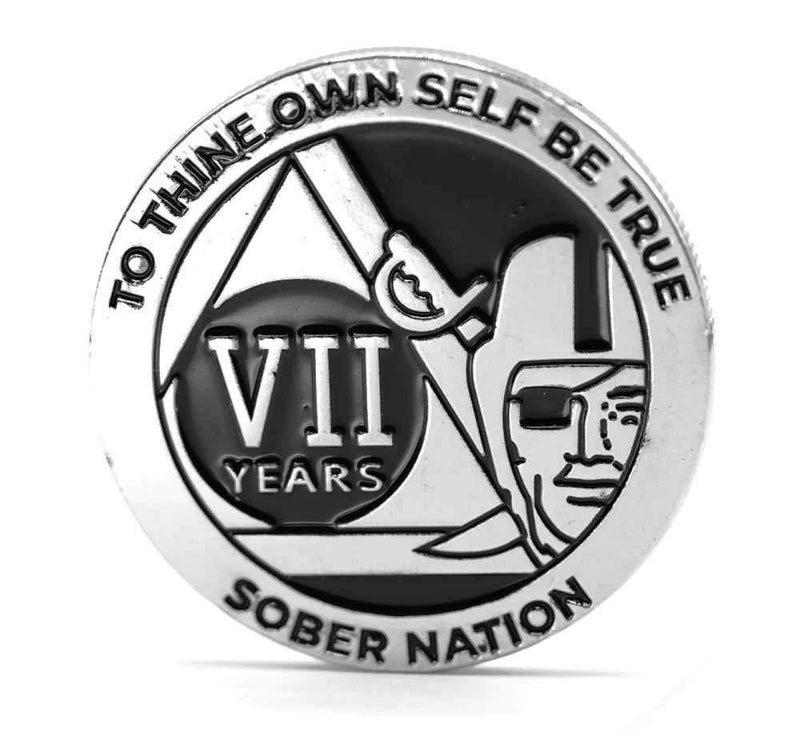 [AUSTRALIA] - MyRecoveryStore Silver and Black Pirate Alcoholics Anonymous AA Chip w/Coin Capsule AA Yearly Medallion 1-50 Years Year 7 