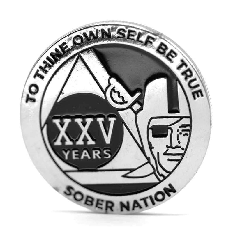 [AUSTRALIA] - MyRecoveryStore Silver and Black Pirate Alcoholics Anonymous AA Chip w/Coin Capsule AA Yearly Medallion 1-50 Years Year 25 