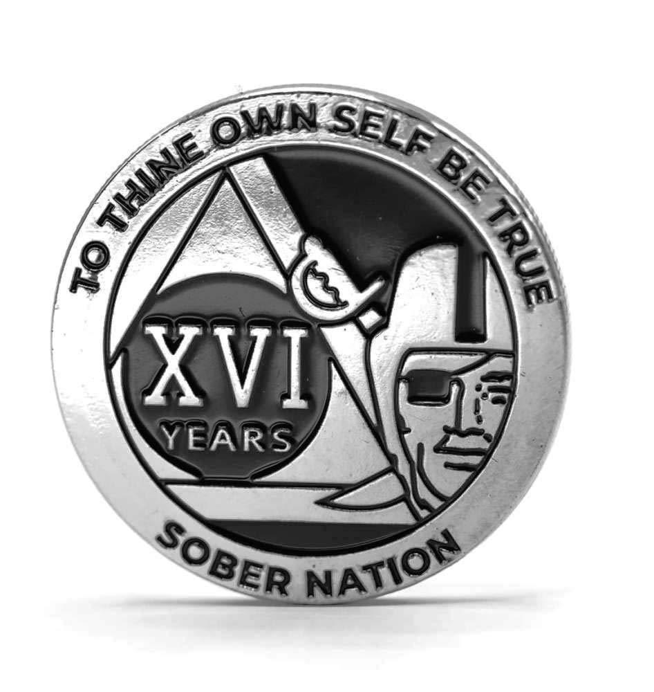 [AUSTRALIA] - MyRecoveryStore Silver and Black Pirate Alcoholics Anonymous AA Chip w/Coin Capsule AA Yearly Medallion 1-50 Years Year 16 