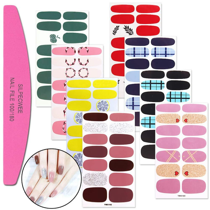 SILPECWEE 8 Sheets Self-Adhesive Nail Art Stickers Decals Tips and 1Pc Nail File Solid Color Design Nail Polish Wraps Strips Manicure Strips Set - BeesActive Australia