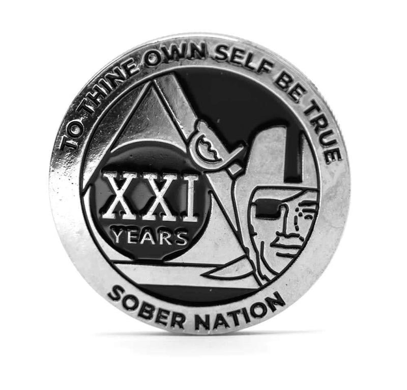 [AUSTRALIA] - MyRecoveryStore Silver and Black Pirate Alcoholics Anonymous AA Chip w/Coin Capsule AA Yearly Medallion 1-50 Years Year 21 