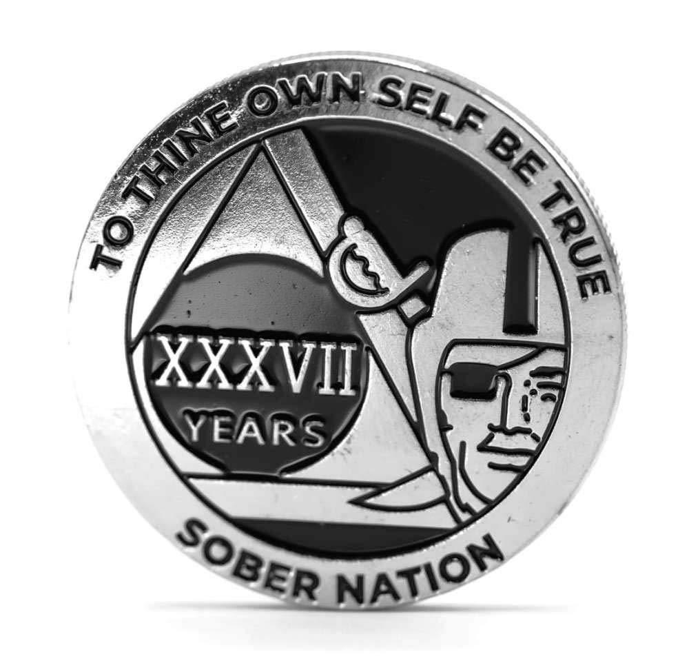[AUSTRALIA] - MyRecoveryStore Silver and Black Pirate Alcoholics Anonymous AA Chip w/Coin Capsule AA Yearly Medallion 1-50 Years Year 37 