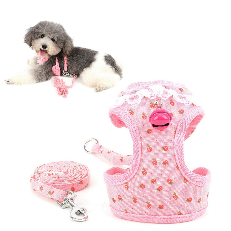 SMALLLEE_LUCKY_STORE Lace Trim Collar Bell Girls Small Dog Vest Harness and Leash Set for Walking Escape Proof Kitten Cat Harness No Pull Soft Mesh Padded Adjustble Puppy Summer Clothes S(chest 9.5-14",for 3-7.5 lbs ) Pink - BeesActive Australia