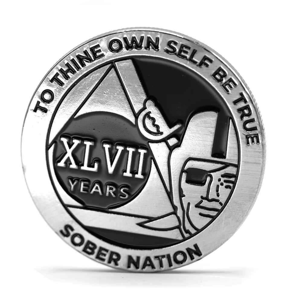 [AUSTRALIA] - MyRecoveryStore Silver and Black Pirate Alcoholics Anonymous AA Chip w/Coin Capsule AA Yearly Medallion 1-50 Years Year 47 
