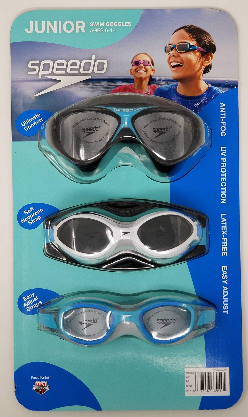 Speedo Junior Swim Goggles 3-Pack, Multi-Color & Shape - Variety Pack 2 Black/ 1 Blue - BeesActive Australia