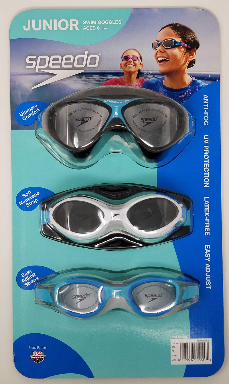 Speedo Junior Swim Goggles 3-Pack, Multi-Color & Shape - Variety Pack 2 Black/ 1 Blue - BeesActive Australia