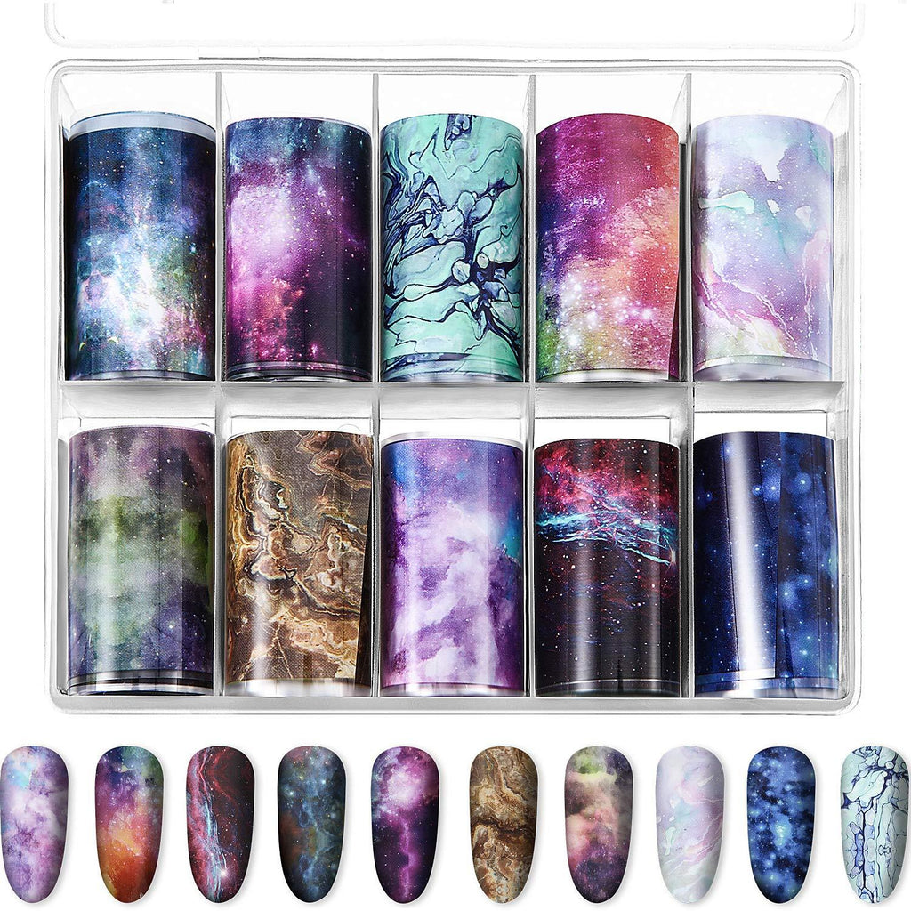 10 Sheets Fashion Art Nail Foil Transfer Stickers, Nail Decals Transfer Foil Box, DIY Decoration for Women and Kids, 10 Colors (Starry Sky Patterns) - BeesActive Australia