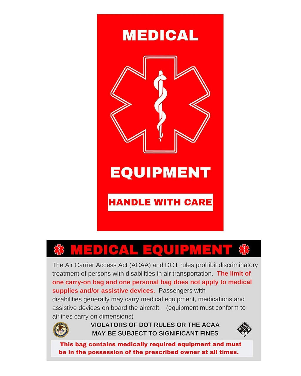 Medical Alert Equipment Luggage Tag - Handle with Care, DOT and ACAA regulations (MELT-112) Quantity (2) 2 - BeesActive Australia