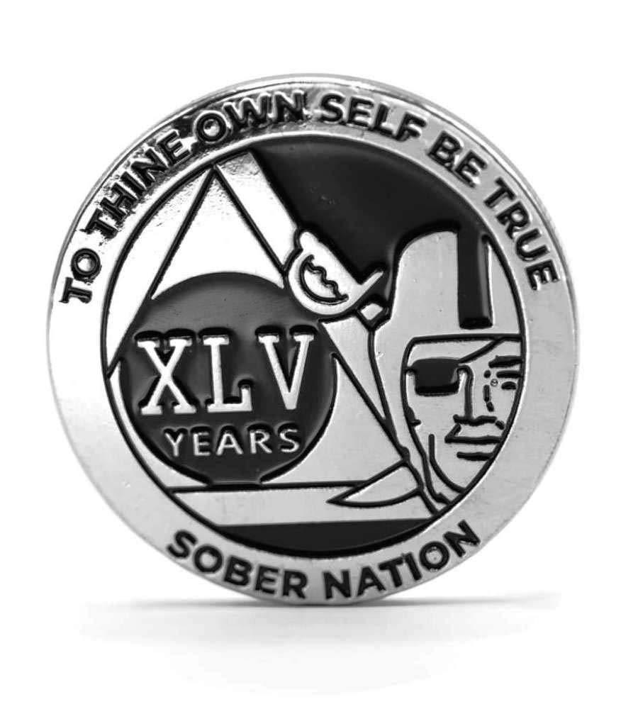 [AUSTRALIA] - MyRecoveryStore Silver and Black Pirate Alcoholics Anonymous AA Chip w/Coin Capsule AA Yearly Medallion 1-50 Years Year 45 