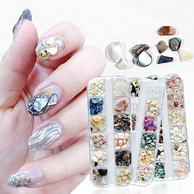 36 Grids Nail Art Shell Nail Abalone Slices, Tingbeauty Natural Irregular Sea Shell 3D Charm Nail Art Decoration Slice DIY Beauty Salon Nail Art Decorations Supplies Accessories(3 Boxes) - BeesActive Australia