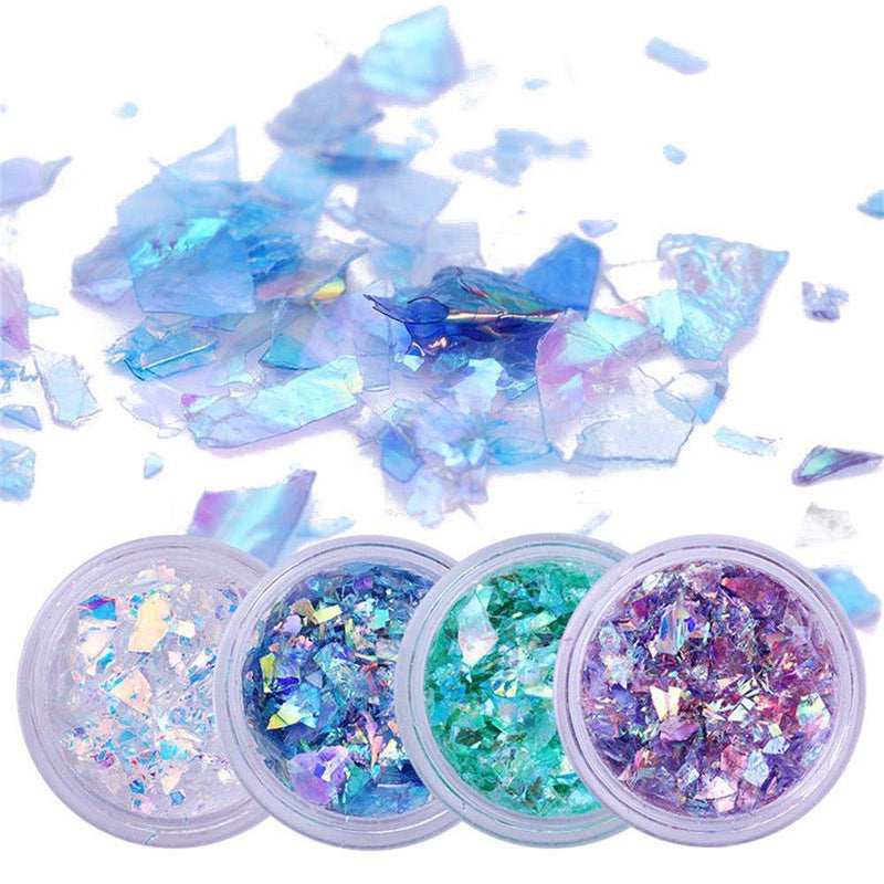 Holographic Mermaid Nail Sequins Chunky Glitter,Fluorescent Glass Paper, Ultra-Thin Iridescent Flakes Glitters Sticker, Face Eyes Body Hair Nail Art Paillette Decor(4 boxs) 4 box Fluorescent Glass Paper - BeesActive Australia