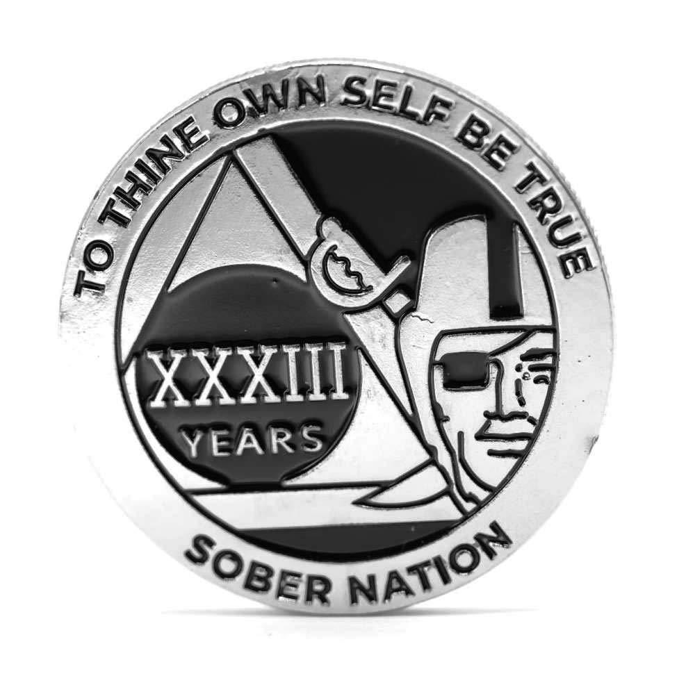 [AUSTRALIA] - MyRecoveryStore Silver and Black Pirate Alcoholics Anonymous AA Chip w/Coin Capsule AA Yearly Medallion 1-50 Years Year 33 