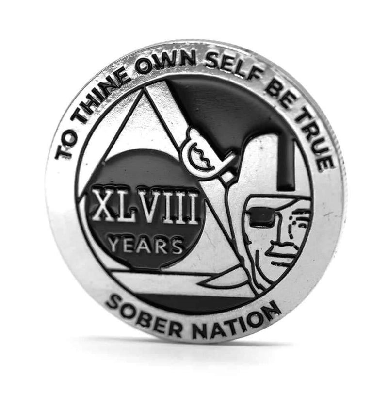 [AUSTRALIA] - MyRecoveryStore Silver and Black Pirate Alcoholics Anonymous AA Chip w/Coin Capsule AA Yearly Medallion 1-50 Years Year 48 