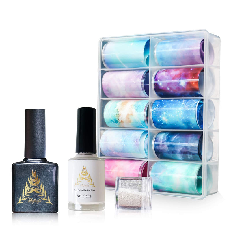 Dreamland Nail Foil Set for Women, AIFAIFA 13PCS Sky Stars Dreamland Nail Foil Transfer Sticker Set with Nail Foil, Nail Glue, Top Coat, Glitter for Decoration Dreamland-Foil Glue - BeesActive Australia