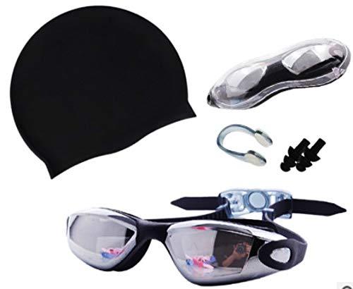[AUSTRALIA] - Pashator HQ Swimming Goggles+Swimming Cap+Nose Clip+Ear Plugs, Anti Fog UV Protection (Mirrored Lens) for Adult Men Women Youth Kids Child Black 