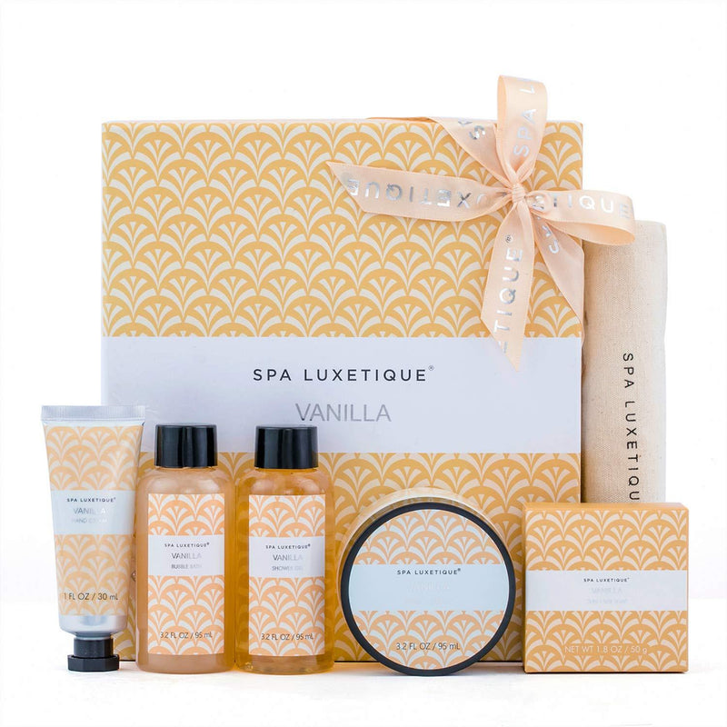 Spa Luxetique Spa Gift Box for Women, Vanilla Spa Gift Basket, 6 Pcs Bath and Body Gift Set Includes Body Lotion, Shower Gel, Bubble Bath, Hand Cream, Travel Bag. Best Gift Set for Women. - BeesActive Australia