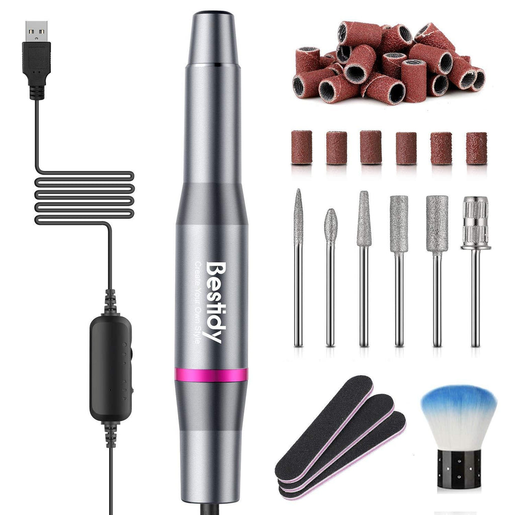 Bestidy Best Gift Electric Nail Drill Kit, USB Manicure Pen Sander Polisher With 6 Pieces Changeable Drills And Sand Bands for Exfoliating, Polishing, Nail Removing, Acrylic Nail Tools (B-Black) B-Black - BeesActive Australia