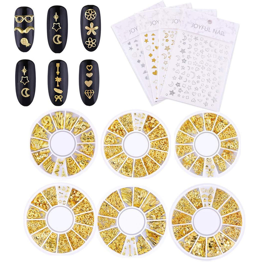 SIPLIV Metal Nail Art Rivet Stripe Heart Hollow Out Star Moon Floral Plants Rivet Nail Art DIY Decoration (6 Boxes) with A Nail Art Star Moon Stickers (4 Pcs) - Gold Gold - 6pcs - BeesActive Australia