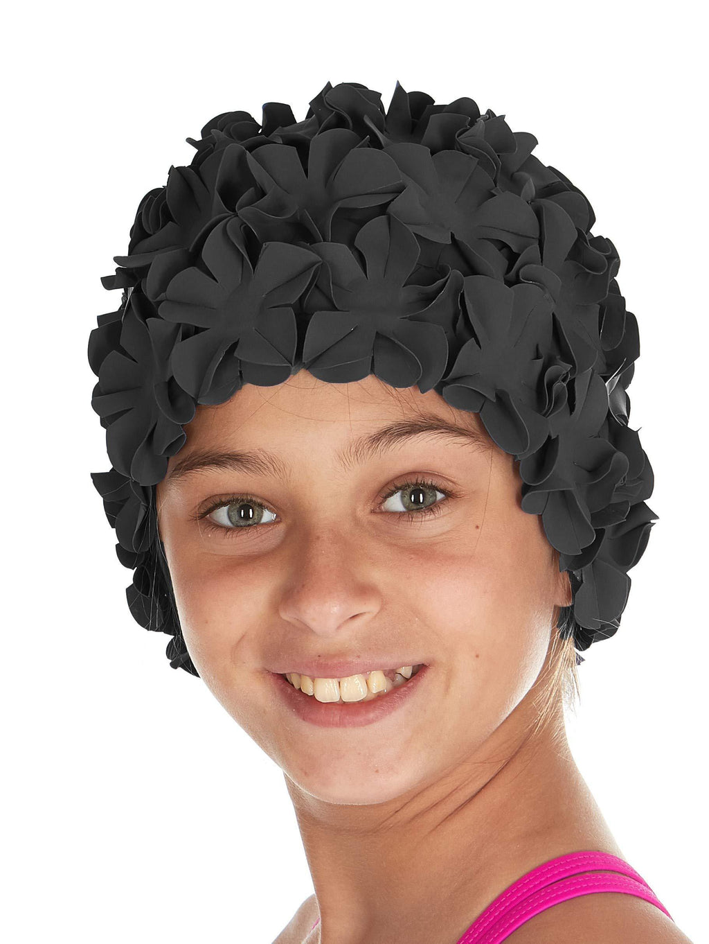 [AUSTRALIA] - Beemo Kids Girls Swim Bathing Caps Age 7-14 Floral Petal Latex for Long/Short Hair Black 