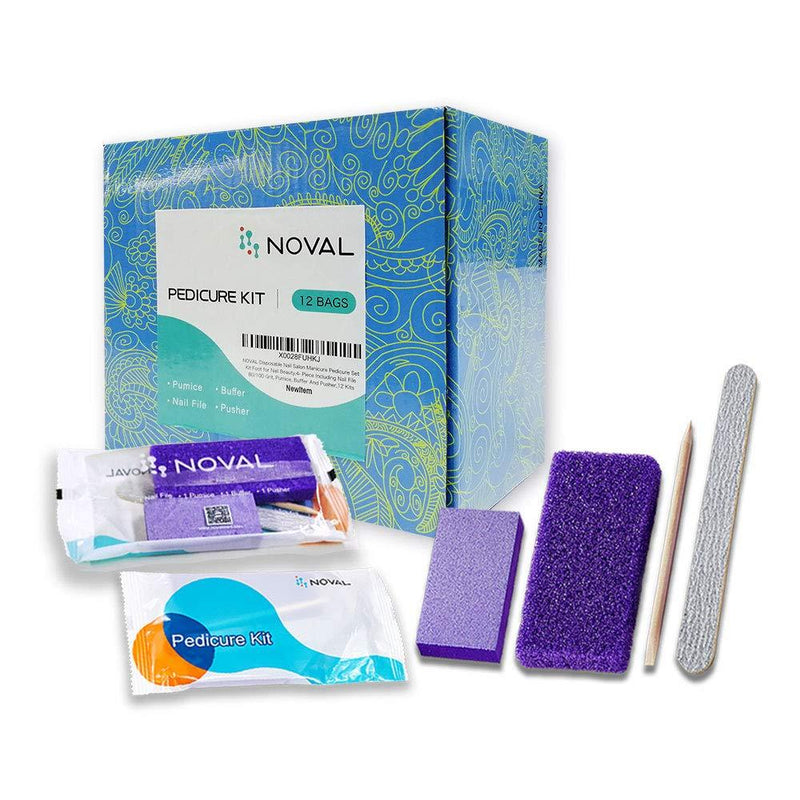 NOVAL Disposable Nail Salon Manicure Pedicure Set Kit Foot for Nail Beauty,4- Piece Including Nail File 80/100 Grit, Pumice, Buffer And Pusher,12 Kits L-12 PCS - BeesActive Australia