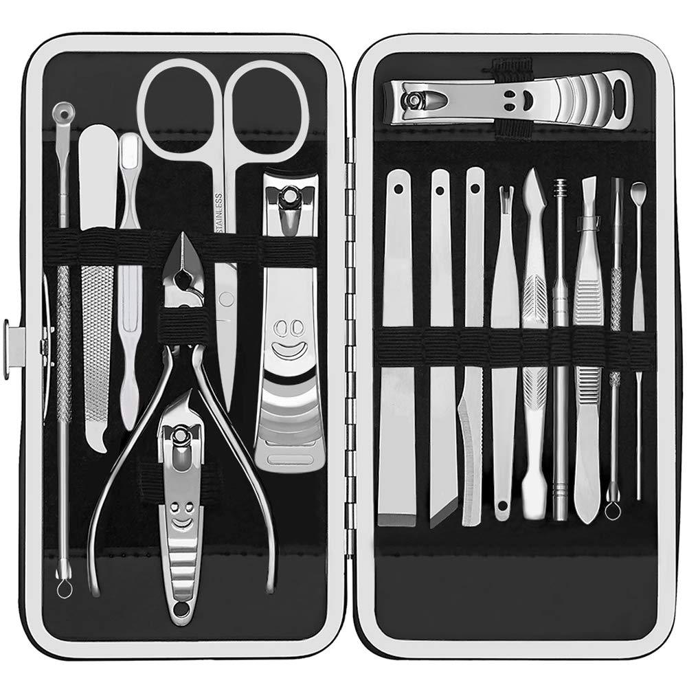 Manicure Set, TusKou 17 In 1 Stainless Steel Professional Pedicure Kit Nail Scissors Grooming Kit Gift for Men/Women with Black Leather Travel Case (17 Piece) 17 Piece Silver - BeesActive Australia