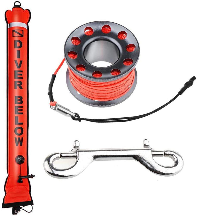 [AUSTRALIA] - Seafard 4ft/5ft Scuba Diving Open Bottom Surface Marker Buoy (SMB) with 49ft/98ft Finger Spool Alloy Dive Reel and Double Ended Bolt Clip Gray Reel+Red SMB 4ft SMB 49ft Reel 