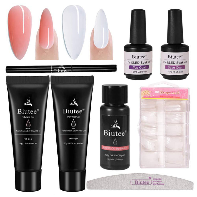 Biutee Nail Extension Gel Kit 15ml Pink Clear Colors Poly Nail Gel kit with 30ml Slip Solution 15ml Base and Top Coat Nail File And Nail Pen Builder Gel Pro Painless Poly Gel Long Lasting - BeesActive Australia