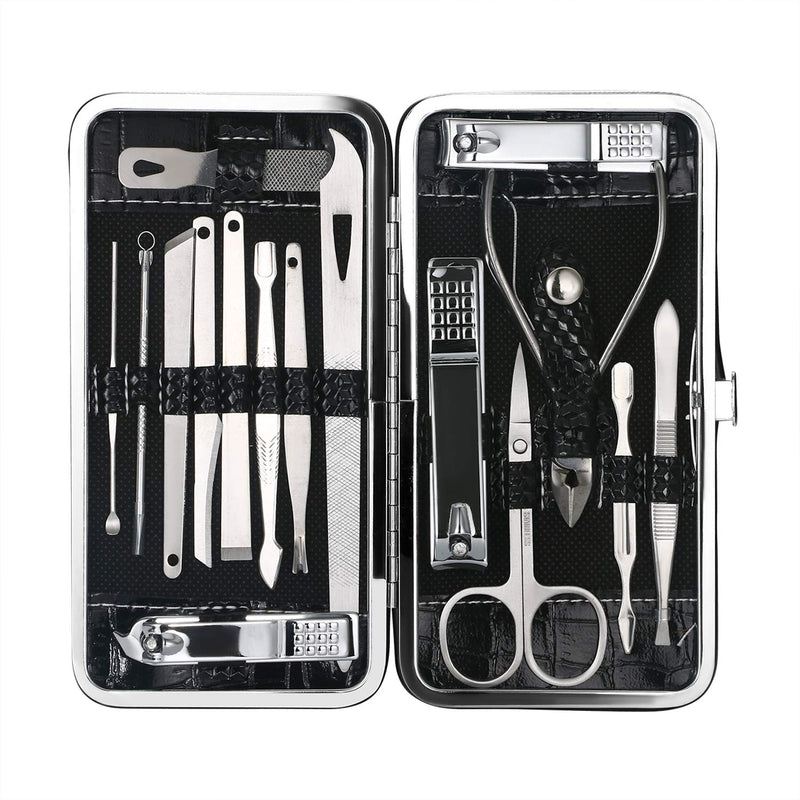 Vtrem 16 in 1 Professional Stainless Steel Nail Clippers Kit with Portable Case for Men & Women (Black) Black - BeesActive Australia