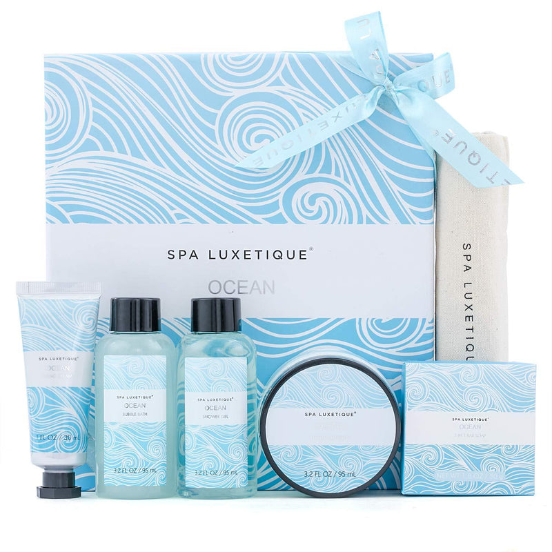 Spa Luxetique Spa Gift Baskets for Women and Men - Relaxing Spa Basket for Men and Women, 6 Piece Ocean Bath and Body Spa Set, Includes Body Lotion, Shower Gel, Bubble Bath, Hand Cream, Travel Bag - BeesActive Australia