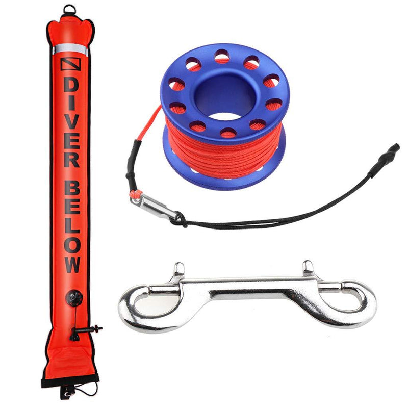 [AUSTRALIA] - Seafard 4ft/5ft Scuba Diving Open Bottom Surface Marker Buoy (SMB) with 49ft/98ft Finger Spool Alloy Dive Reel and Double Ended Bolt Clip Blue Reel+Red SMB 4ft SMB 49ft Reel 