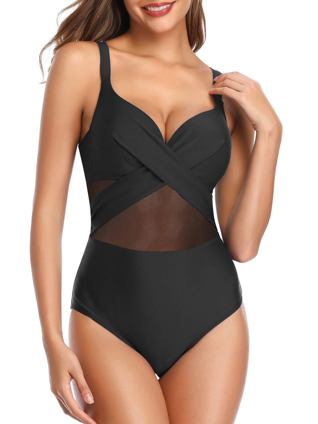 [AUSTRALIA] - FLYILY Women's One Piece Swimsuit Mesh See Through Monokini Tummy Control High Waisted Swimming Costume Swimwear Black With Underwired Pad 16-18 