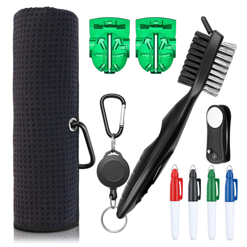 XAegis GT13 Golf Towel and Brush to Clean Golf Club with Magnet Divot Tool,Golf Ball Liners,Pens - 9 in 1 Golf Accessories Black - BeesActive Australia