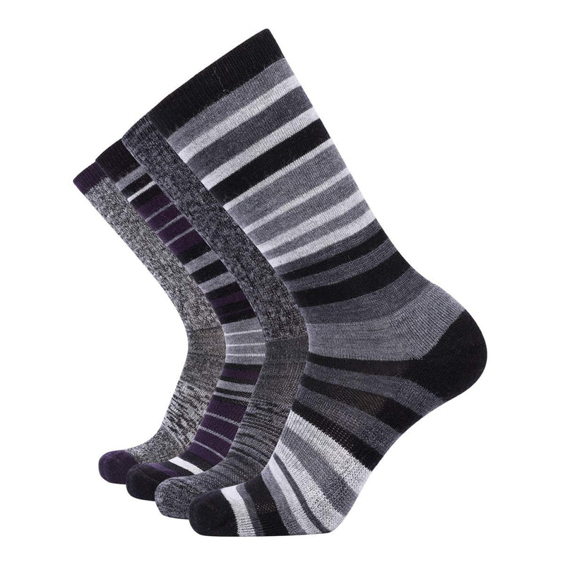 EnerWear 4 Pack Women's and Men's Merino Wool Outdoor Hiking Trail Crew Sock 9-11 Dark Purple/Black Stripe/Multi - BeesActive Australia