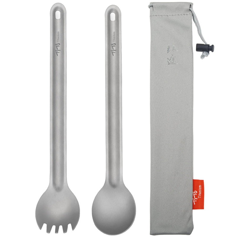 TiTo Titanium Long Handle Spork and Spoon Outdoor Ultralight Portabale Flatware for Camping Hikking Backpacking Utensil(2Pcs Sandblasting) - BeesActive Australia