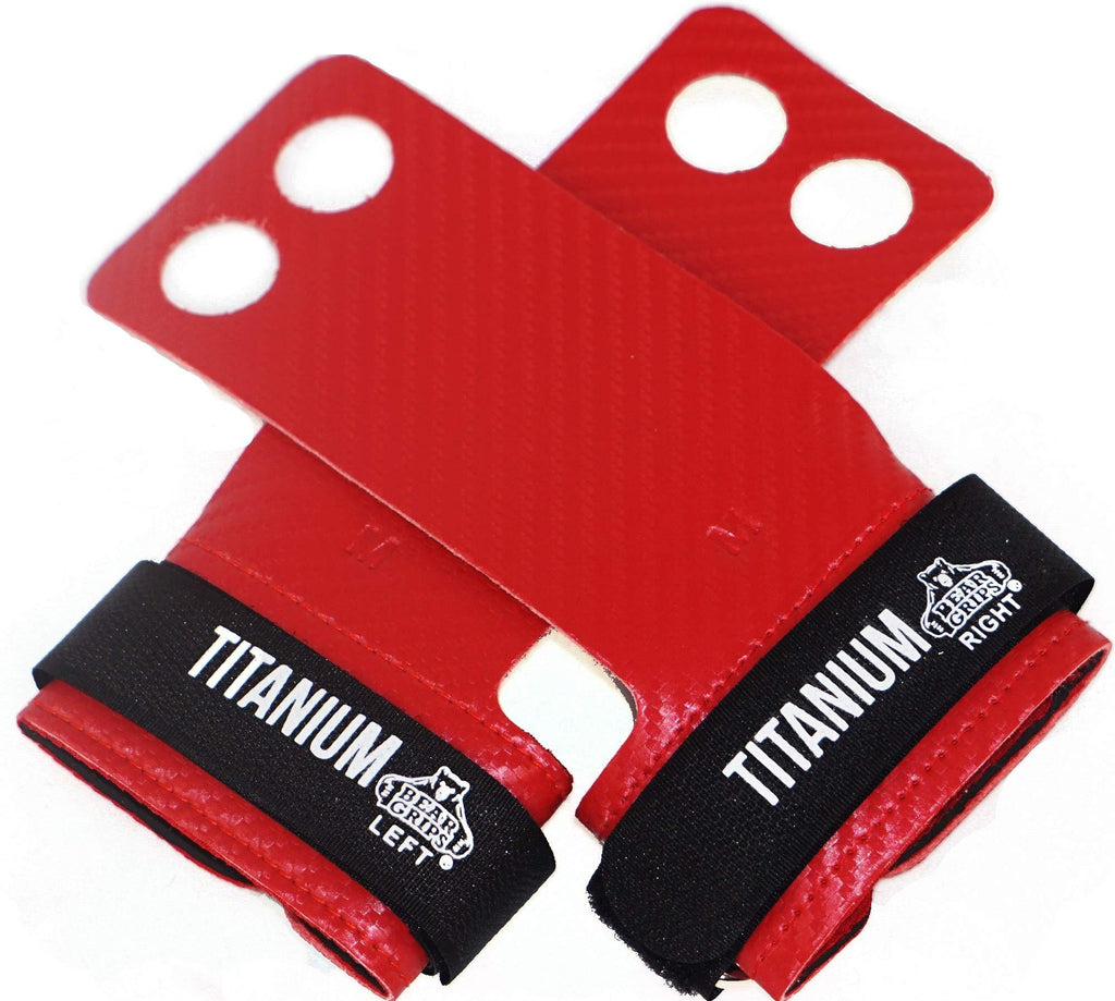 [AUSTRALIA] - Bear Grips Two Hole Titanium Gymnastics Hand Grip 60% Thinner & 10X Stronger Than Carbon Fiber Grips. Made for Crossfit WOD, Pull ups, T2B, Gymnastic Movements, Olympic Lifting. Size XS-XL. Color: Red Small 