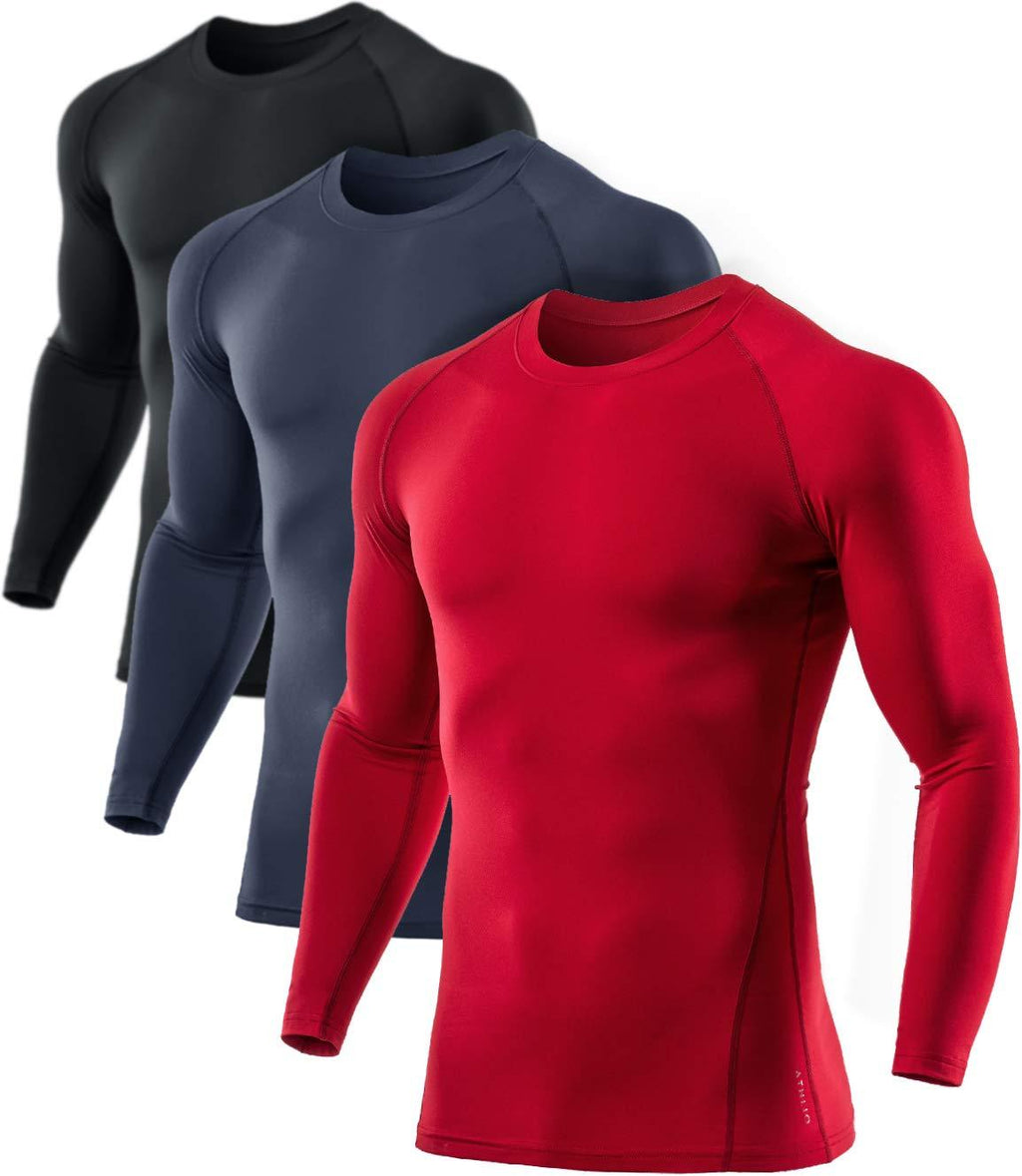 [AUSTRALIA] - ATHLIO Men's (Pack of 1 or 3) Thermal Wintergear Compression Baselayer Long Sleeve Top Active 3pack(lyd03) - Black/ Charcoal/ Red Large 