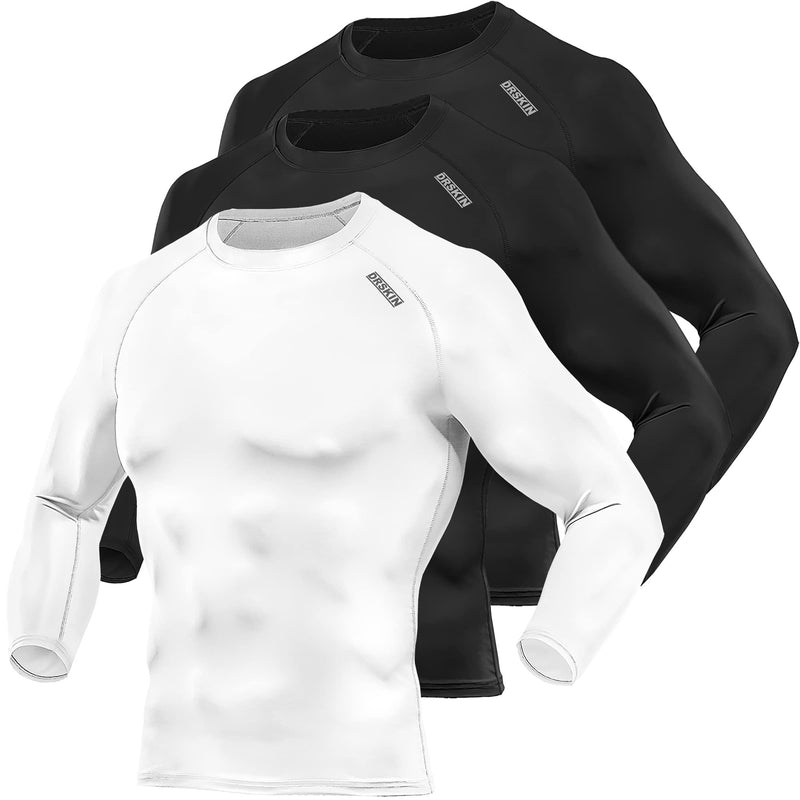 DRSKIN Men's Long Sleeve Compression Shirts Top Sports Workout Running Athletic Gym Baselayer Dry Cool Medium Round (Black 2p+white 1p) - BeesActive Australia