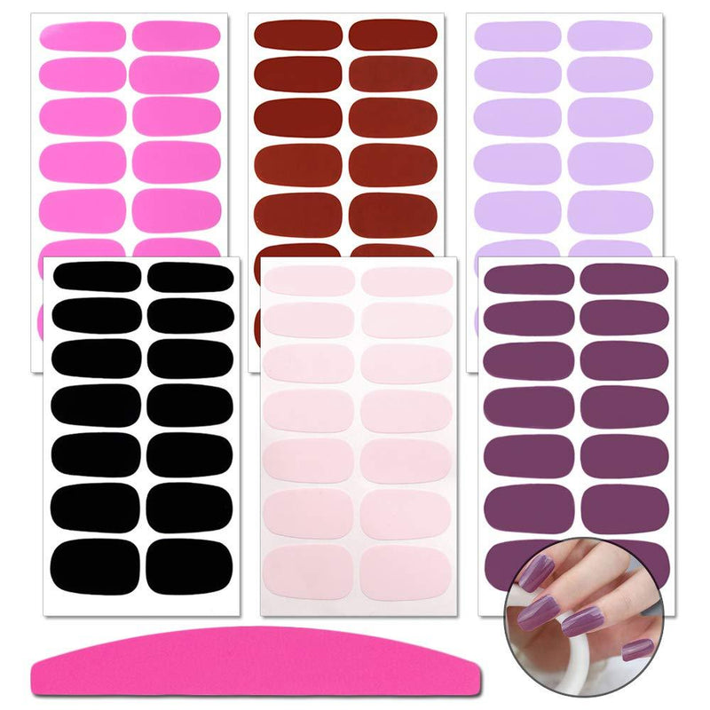 SILPECWEE 6 Sheets Adhesive Nail Art Polish Stickers Set and 1Pc Nail File Solid Color Design Nail Wraps Decals Strips Manicure Tips - BeesActive Australia