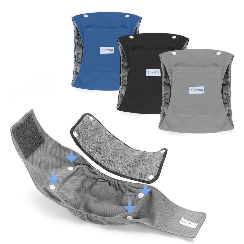 Teamoy Belly Bands for Male Dogs with Removable Pads, Reusable Washable Puppy Dog Diaper Wraps (Pack of 3) L1 (Pack of 3) Black+Gray+Dark Blue(Gray Lining) - BeesActive Australia