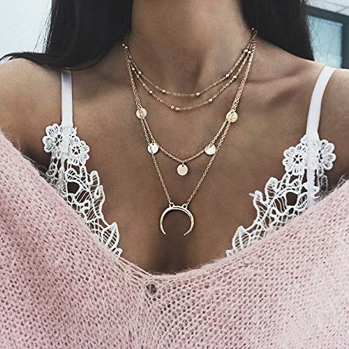 Aluinn Boho Multilayer Necklace Month Choker necklace Sequins Beads Tooth Pendant Necklace for Women (Gold） Gold - BeesActive Australia