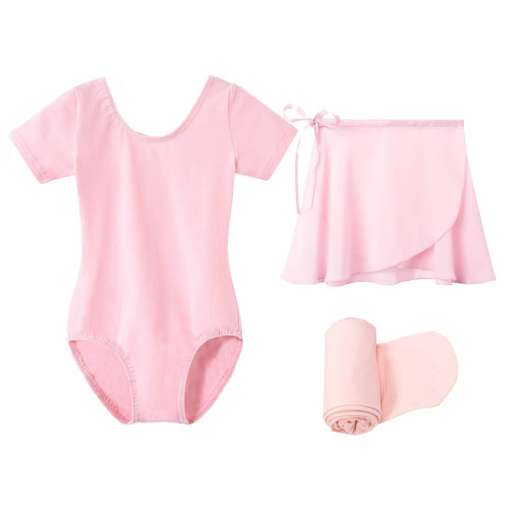 [AUSTRALIA] - STELLE Short Sleeve Ballet Leotard Combo with Dance Skirt and Dance Tight Ballet Pink (Adjustable Tie) 4T 