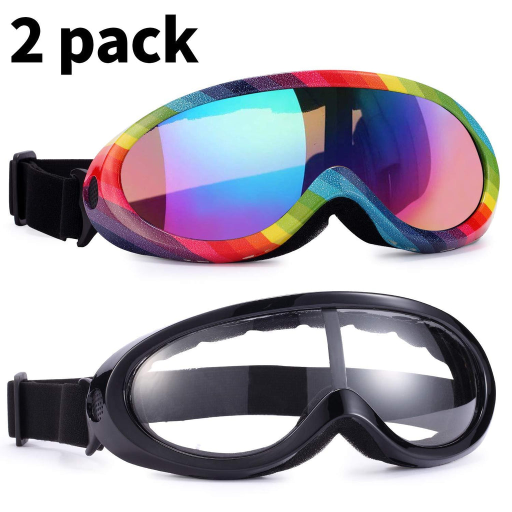 Ski Goggles, Pack of 2, Snowboard Goggles for Kids, Boys & Girls, Youth, Men Black Frame + Clean Lens & Rainbow Frame + Colorful Lens - BeesActive Australia