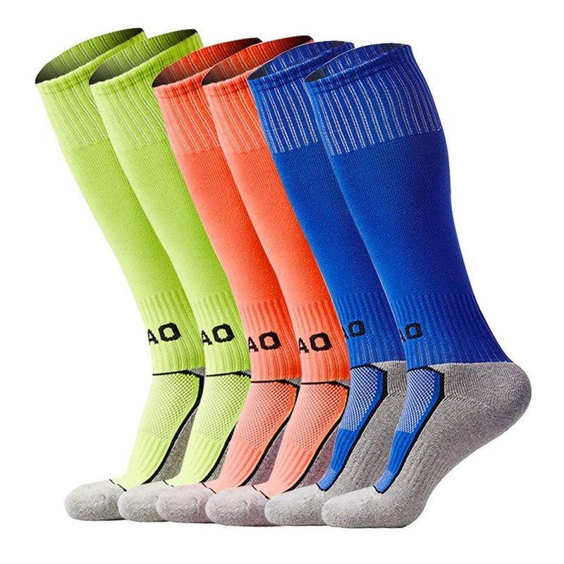 VANDIMI Soccer Socks for Kids Youth Adult (1/3/4/5 pairs) Team Sport Knee High Long Socks Small 3p -Green / Blue / Orange - BeesActive Australia