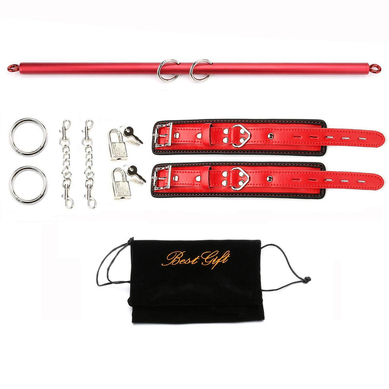 [AUSTRALIA] - exreizst Adjustable Spreader Bar with 2 Leather Straps Set Kit, Silver and Red (Silver and Red 1) 