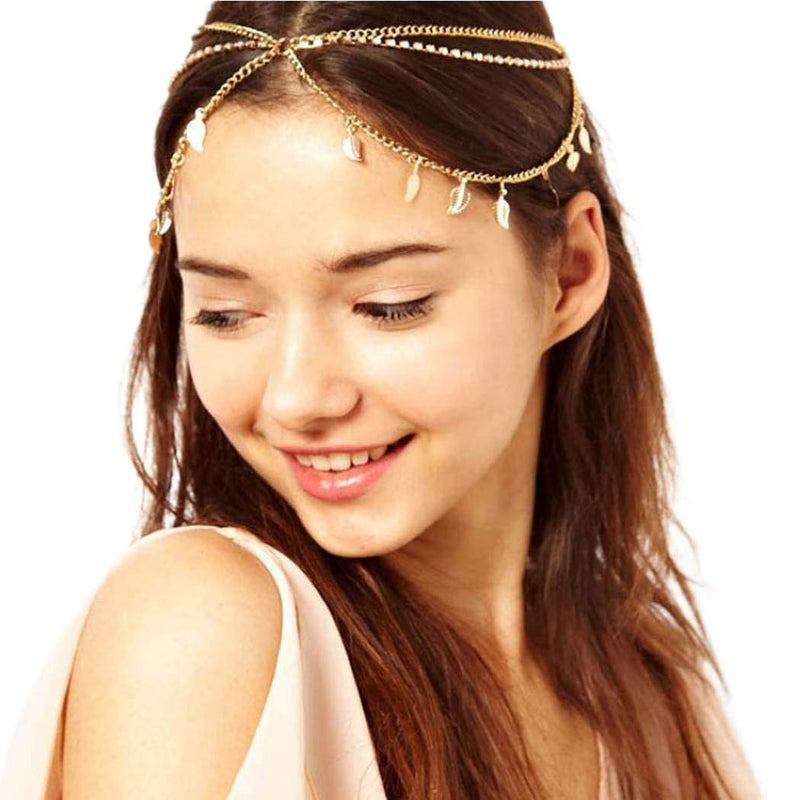 Edary Boho Leaf Tassel Head Chain Crystal Headband Gold Jewelry Hair Accessory for Women or Girls - BeesActive Australia