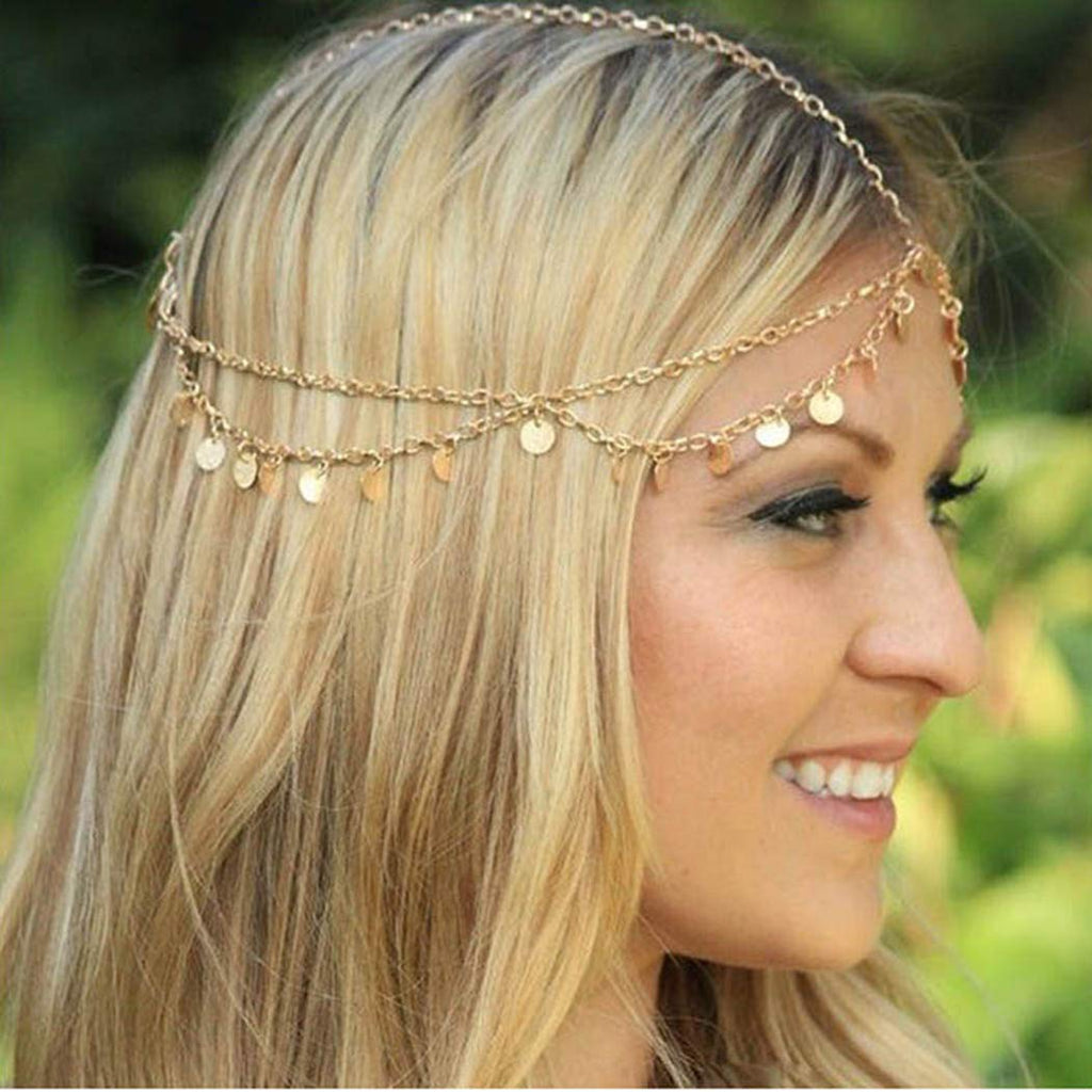Edary Boho Sequin Tassel Head Chain Layered Headband Gold Jewelry Hair Accessory for Women or Girls - BeesActive Australia