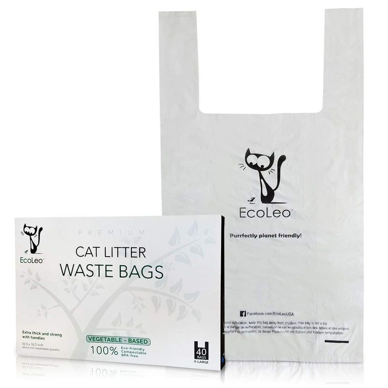 Cat Litter Waste Poop Bags - X-Large, Compostable, Plastic-free, Thick, Leak Proof, Pet / Dog Poo Bags with Easy-Tie Handles,10.5 x 18.5 inch, EcoLeo 40-Count - BeesActive Australia