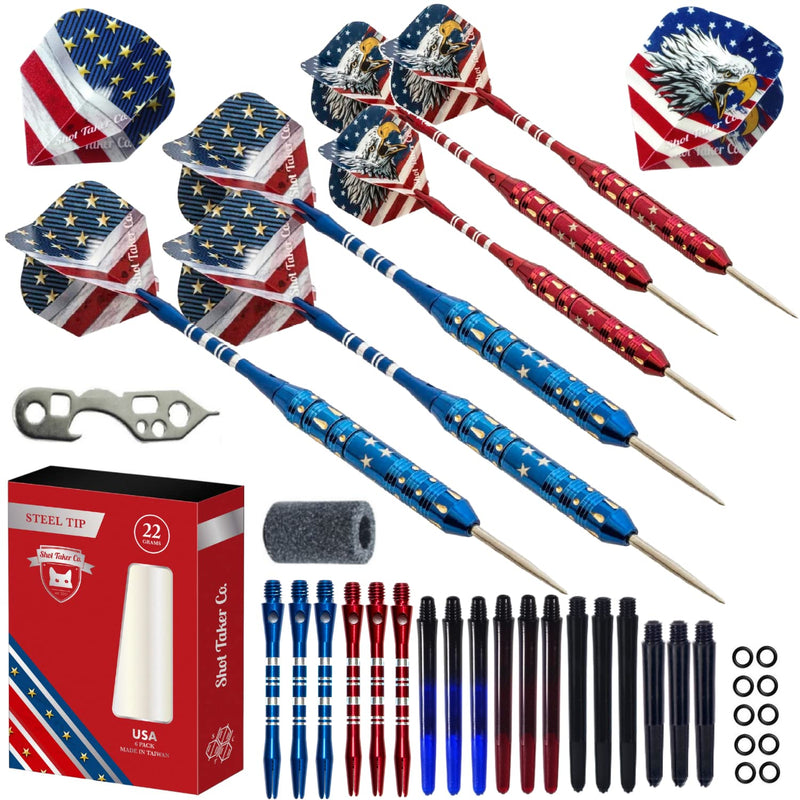 SHOT TAKER CO. EST. 2017 Steel Tip Darts Set - Professional Darts Steel Tip for Dartboard - Includes Brass Barrels + Plastic & Aluminum Shafts + Rubber O'Rings + Flights + Darts Sharpener + Wrench 22g- USA -STC10420 - BeesActive Australia